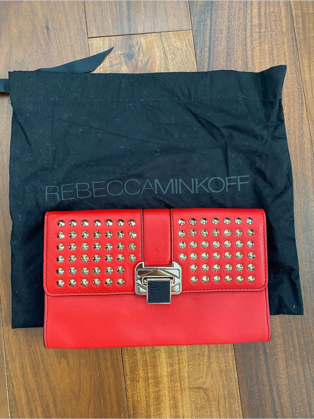Rebecca Minkoff Red Leather Stud Clutch with Gold Hardware with dust bag